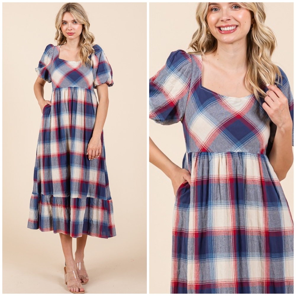 POLAGRAM Plaid Pattern Short Sleeves Midi Dress - Picture 2 of 11